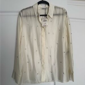 ZARA Cream Stud-Embellished Long Sleeve Blouse
